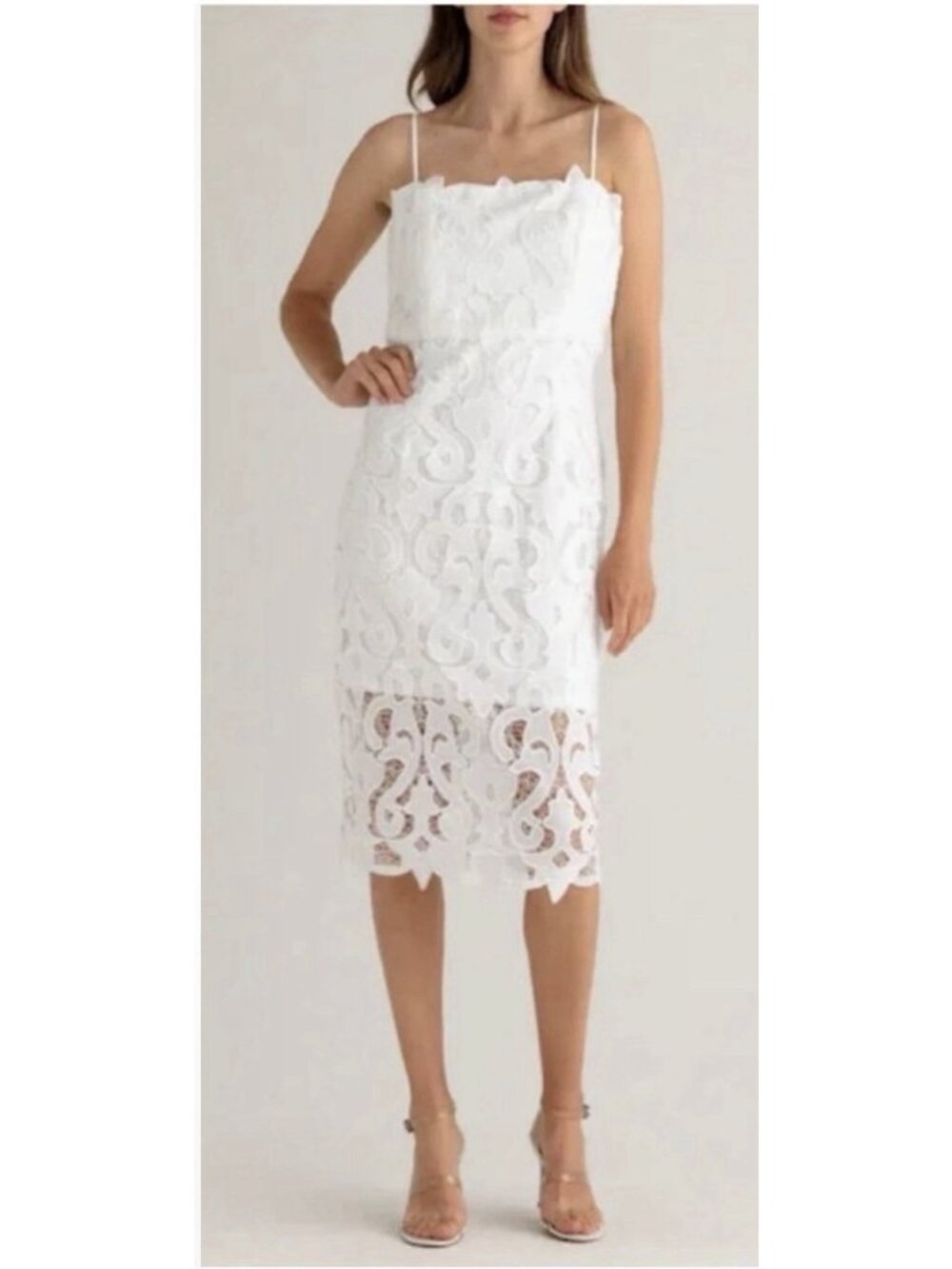 Bardot Dress White Lina Lace Size 4 Spaghetti Strap Pencil